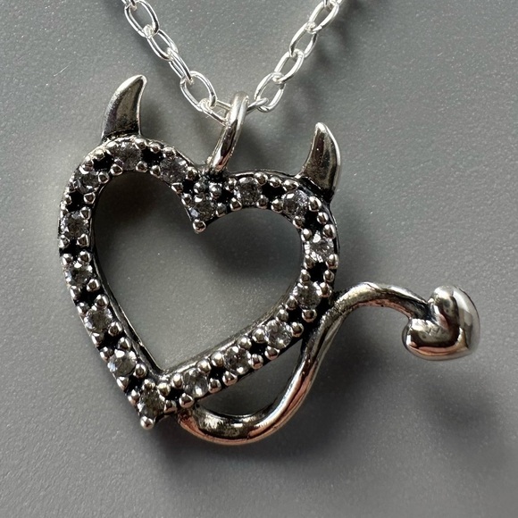 Sterling Silver Black CZ Devil Heart Necklace - Edgy Romance - Picture 3 of 11
